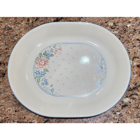Corelle Blue Symphony 12 1/4" x 10" Platter Blue Stripe Peach Flower - Picture 2 of 11